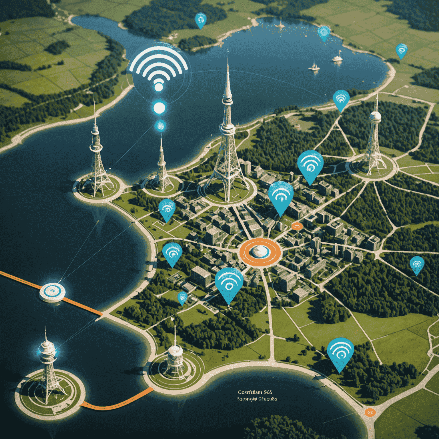 خريطة توضح تغطية شبكة 5G في مناطق مختلفة، مع رموز للأبراج وإشارات قوية